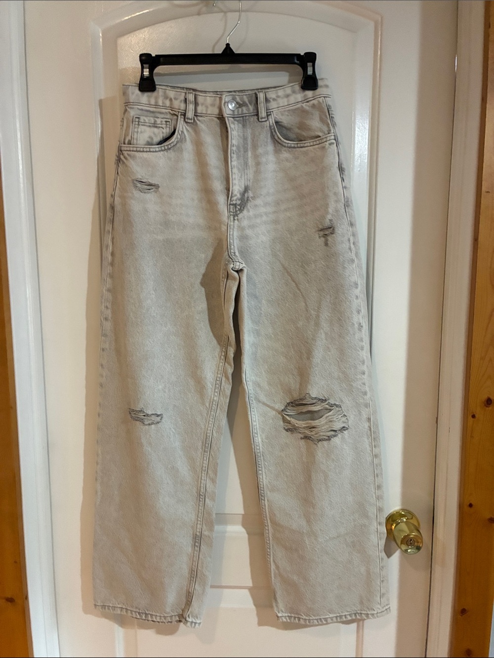 Primark Light Beige Distressed Wide Leg Jeans